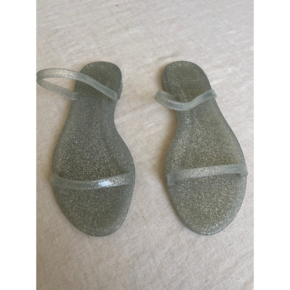 Stuart Weitzman Silver Glitter Jelly Sandals Flat Slide Shoes Womens Size 6